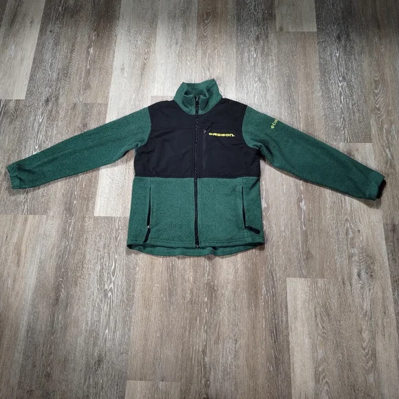 VTG Columbia 10/12 Youth 90s Oregon Ducks Football Fleece Jacket Green Full Zip - Picture 2 of 15